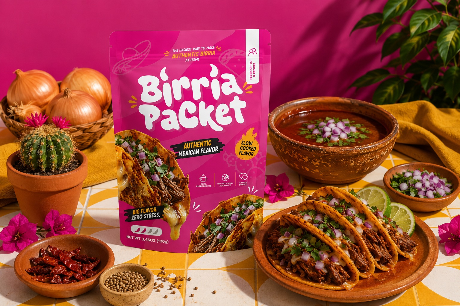 Birria Packet in a vibrant kitchen scene with tacos and consomme